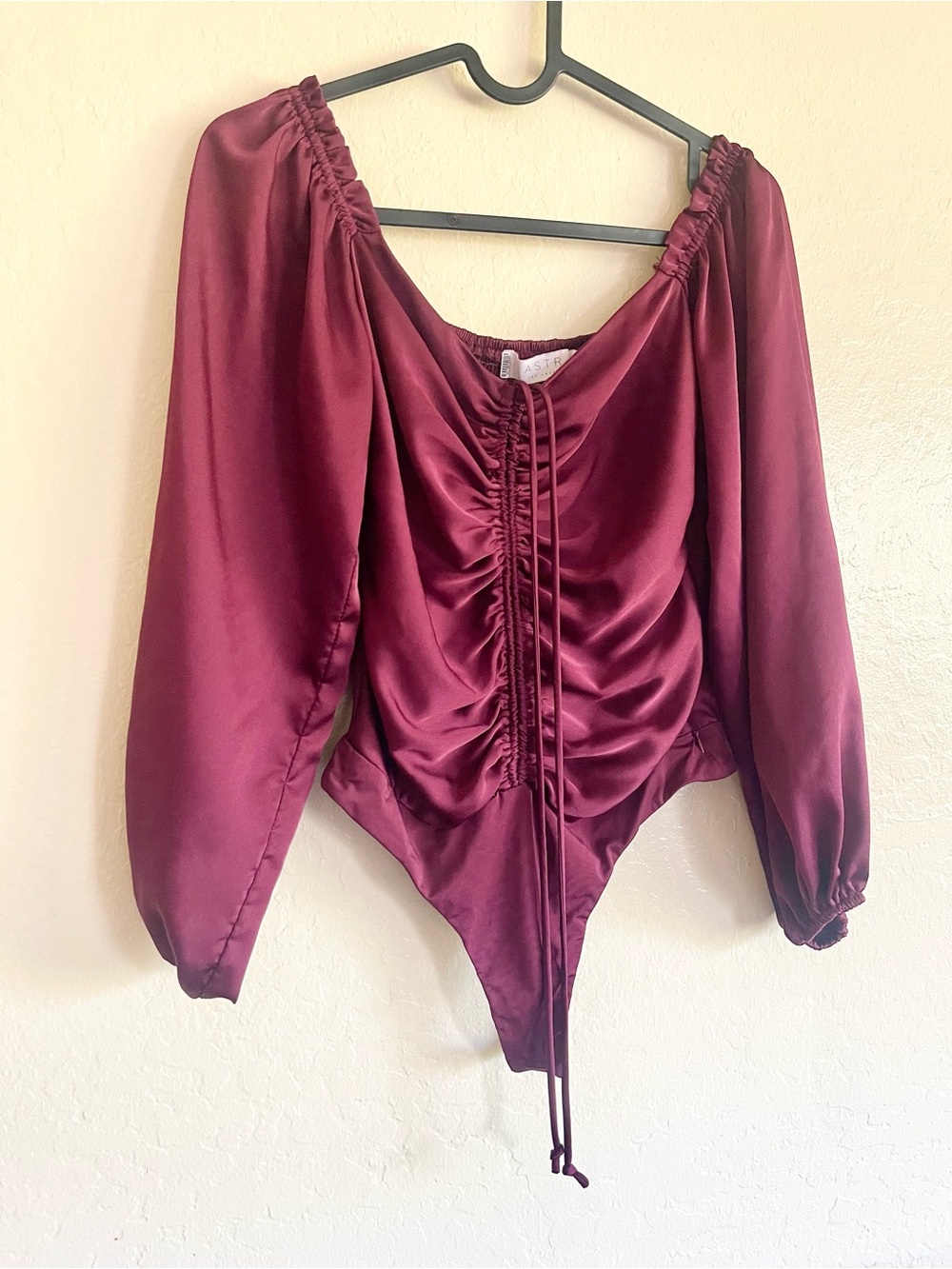 Astr Burgundy Ruched Satin Long-Sleeve Bodysuit